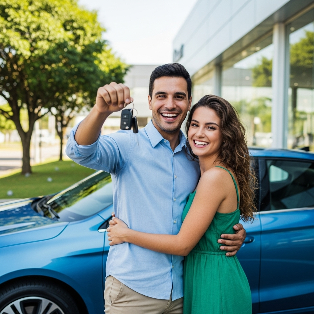 Casal feliz com carro novo